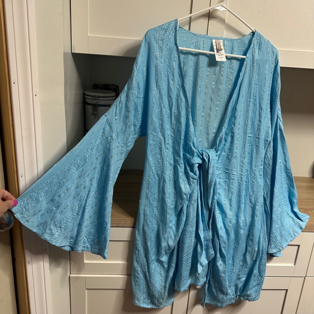 BECCA by Rebecca Virtue Radiance V Neck Tunic Coverup‎ Womens L Tie Bell Sleeve
